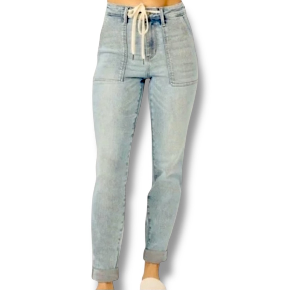 Judy Blue High Waist Drawstring Vintage Wash Straight Leg Stretch Denim 3/26